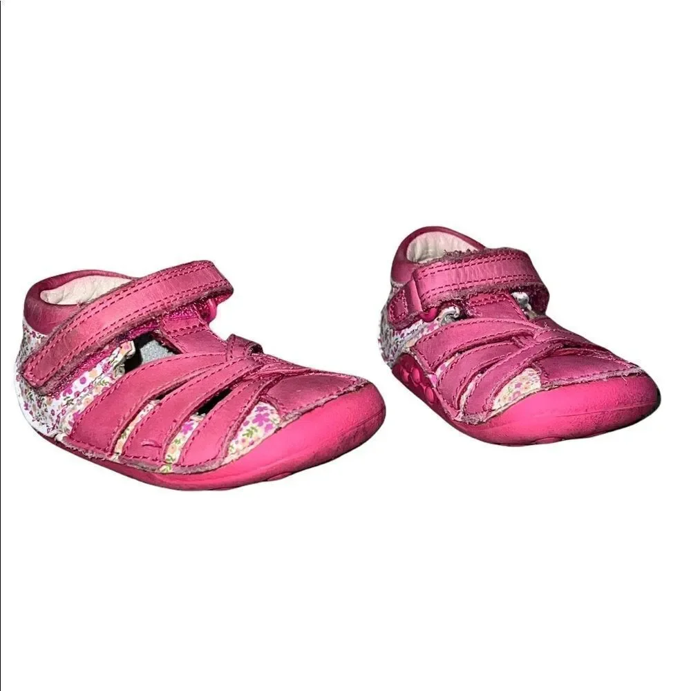 Clarks First Shoes Pink White Floral Leather Strappy Sandals Baby Girl 2.5 GUC